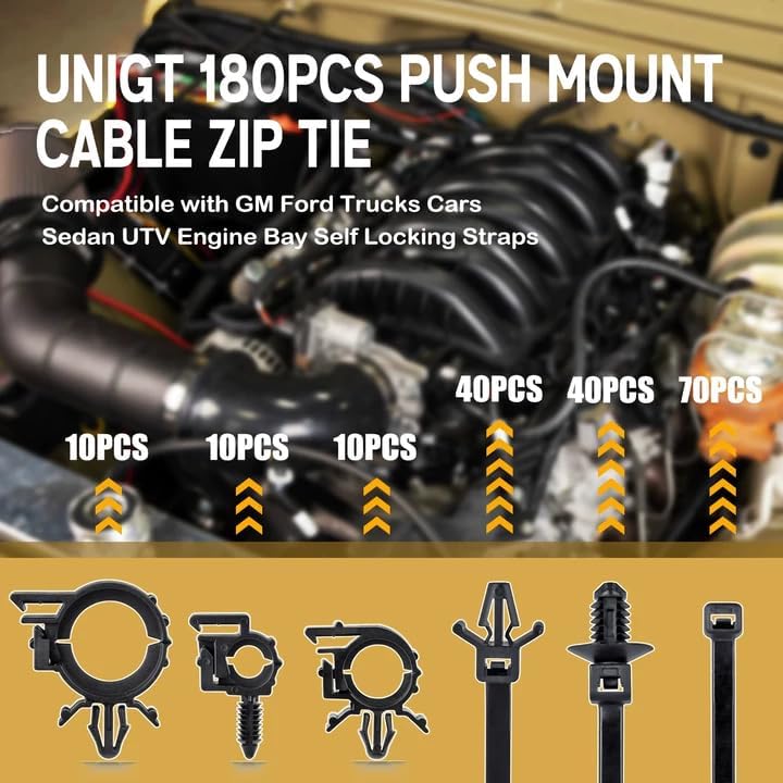 UNIGT 180pcs Nylon Universal Cable Tie Buckle, Push Mount Cable Zip Tie with Car Wire Loom Routing Clips, Universal Compatible with GM Ford Trucks Cars Sedan UTV Engine Bay Self Locking Straps - Image 2